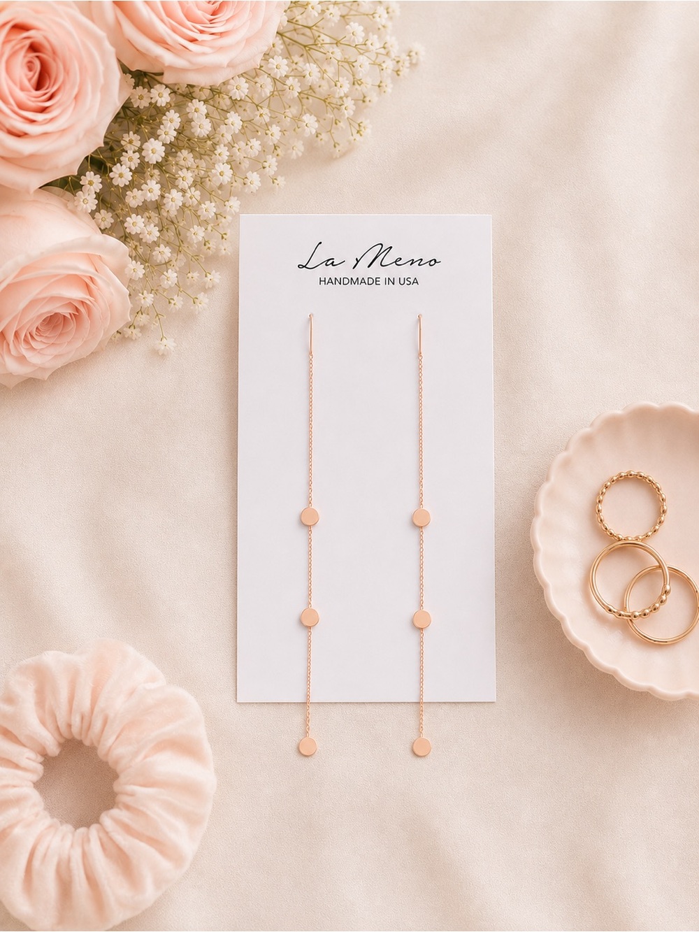 NWT La Meno Rose Gold Small Round Flat Disc Dangle Drop Earrings